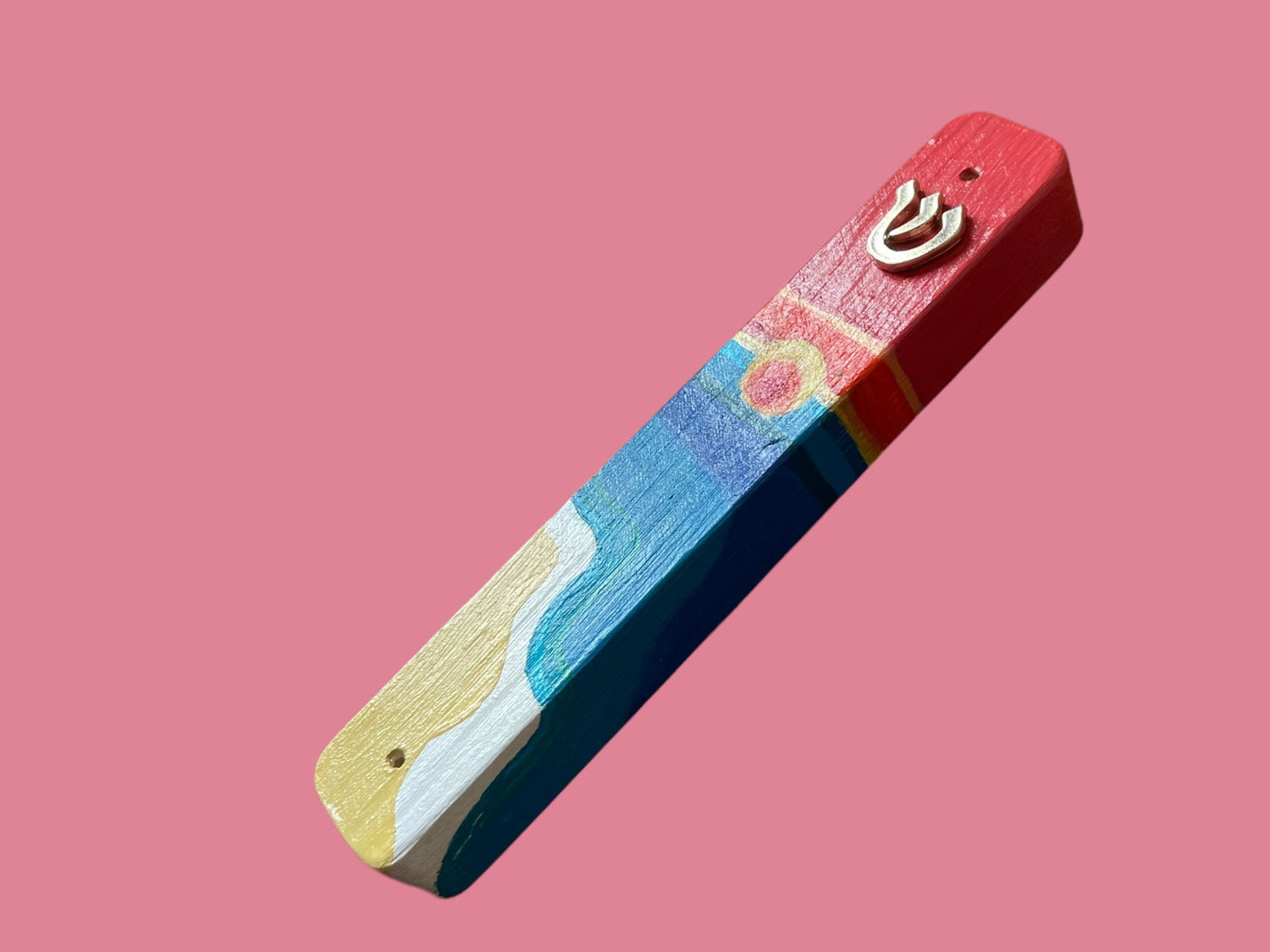 Beach sunset mezuzah case — hand-painted orange sunset over water on wood | Judaica Square Lakewood (view 3)