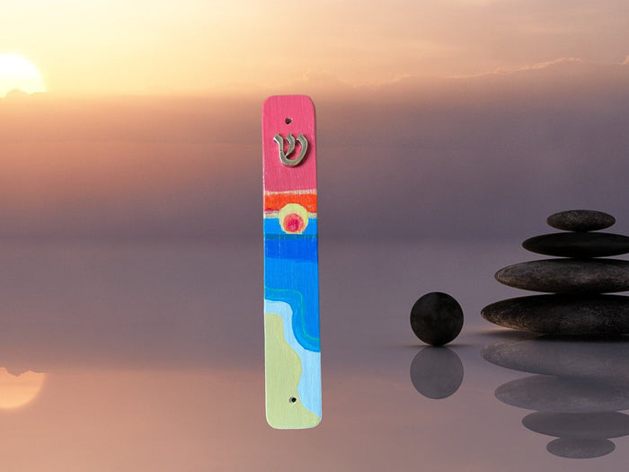 Beach sunset mezuzah case — hand-painted orange sunset over water on wood | Judaica Square Lakewood