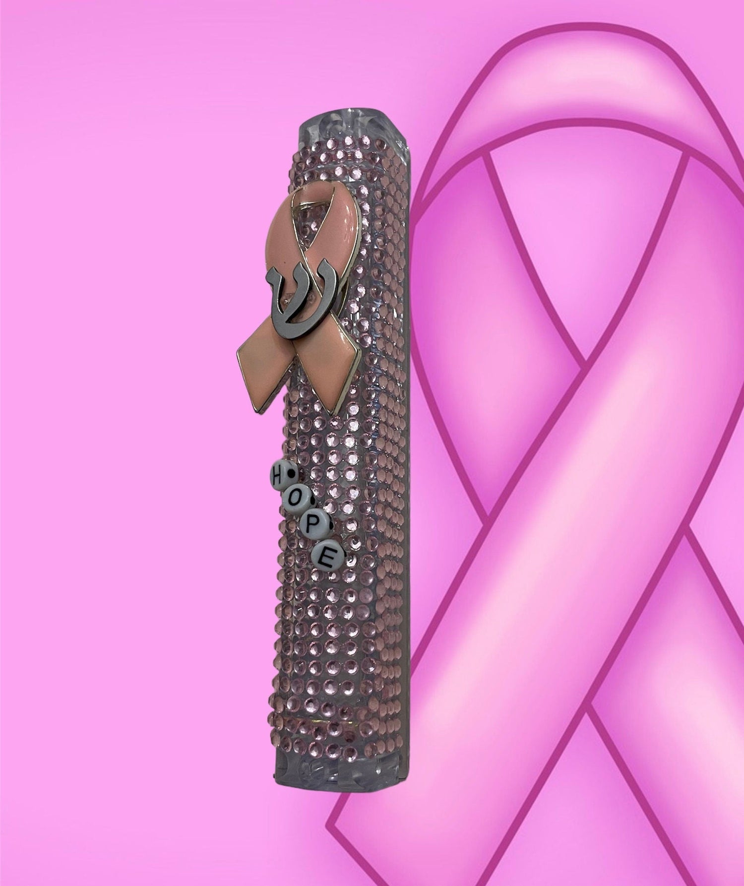 Pink ribbon mezuzah case — acrylic with pink rhinestones, beads and enamel awareness pin | Judaica Square Lakewood (view 5)