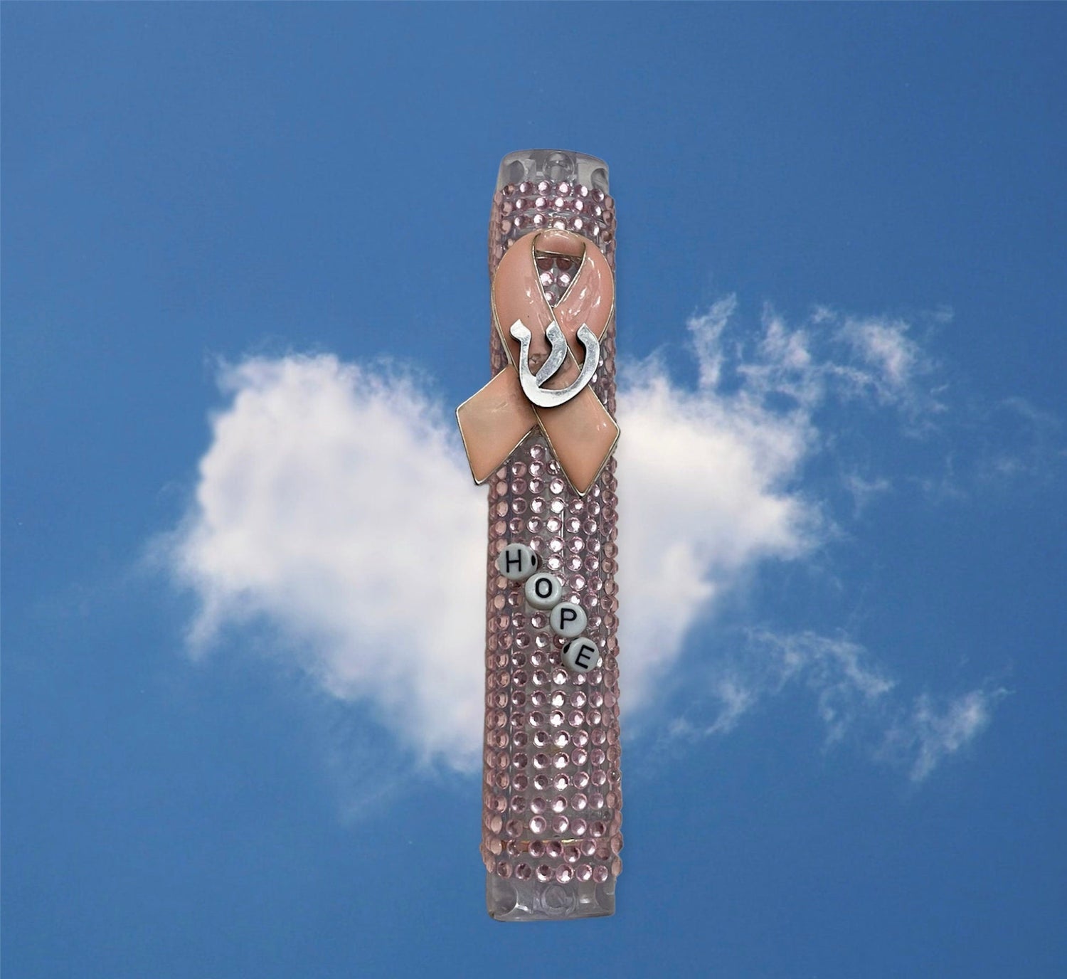 Pink ribbon mezuzah case — acrylic with pink rhinestones, beads and enamel awareness pin | Judaica Square Lakewood (view 4)