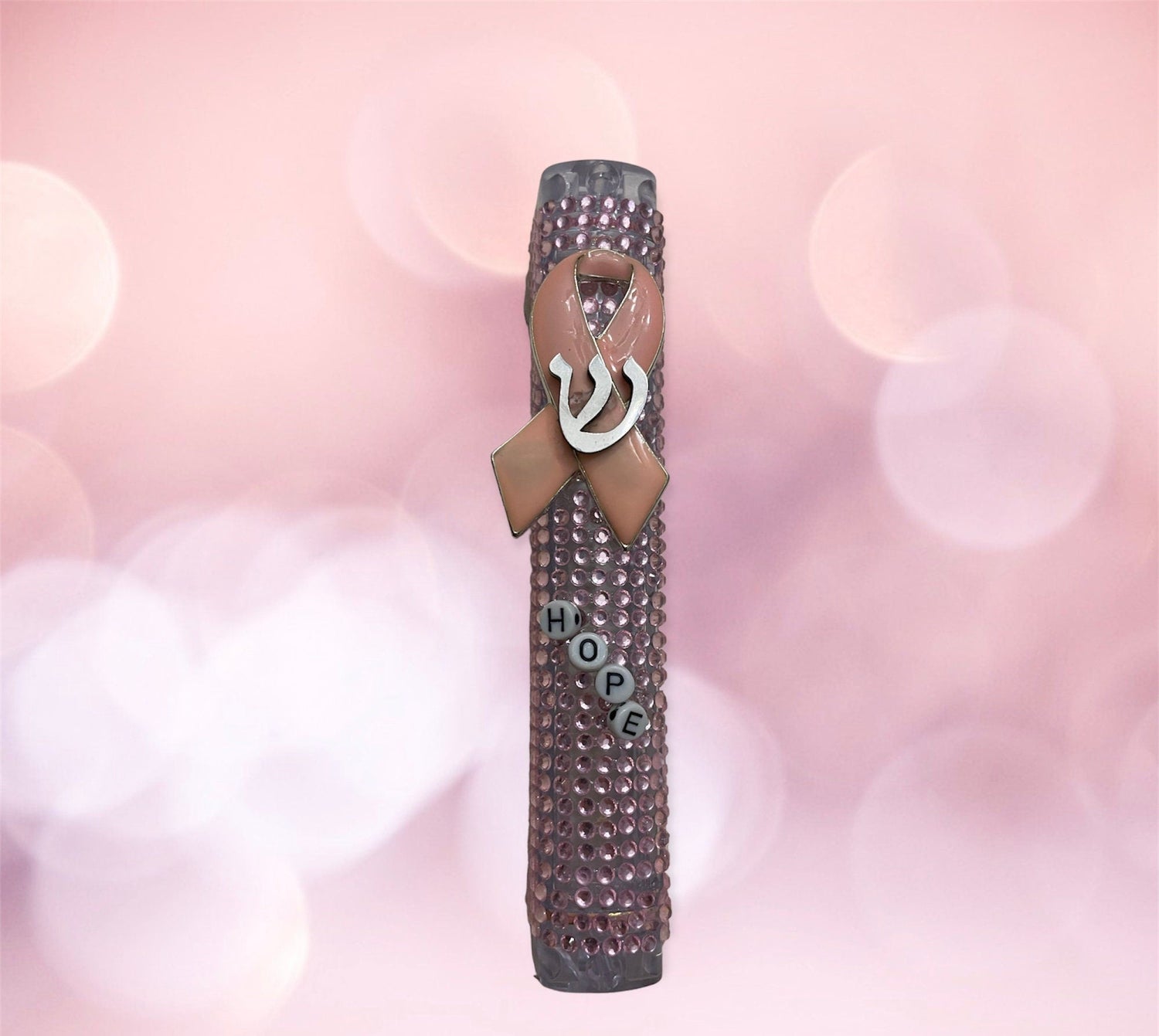 Pink ribbon mezuzah case — acrylic with pink rhinestones, beads and enamel awareness pin | Judaica Square Lakewood (view 3)