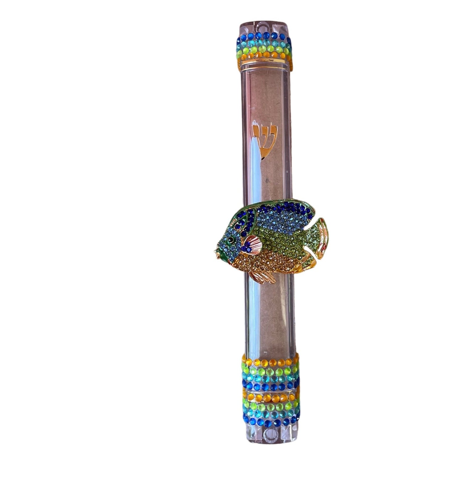 Ocean beach mezuzah case — silver acrylic with sea-themed jewelry, beads and rhinestones | Judaica Square Lakewood (view 10)