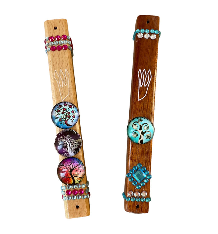 Tree of Life mezuzah case — hardwood with glass image and rhinestones | Judaica Square Lakewood
