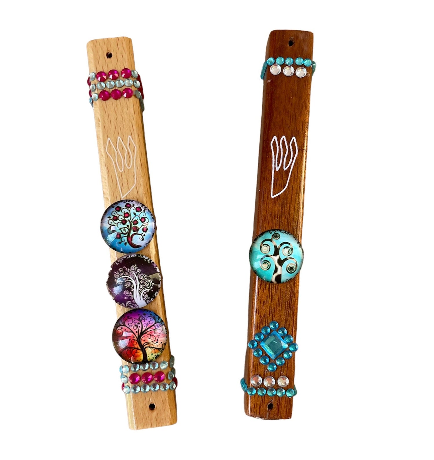 Tree of Life mezuzah case — hardwood with glass image and rhinestones | Judaica Square Lakewood (view 2)