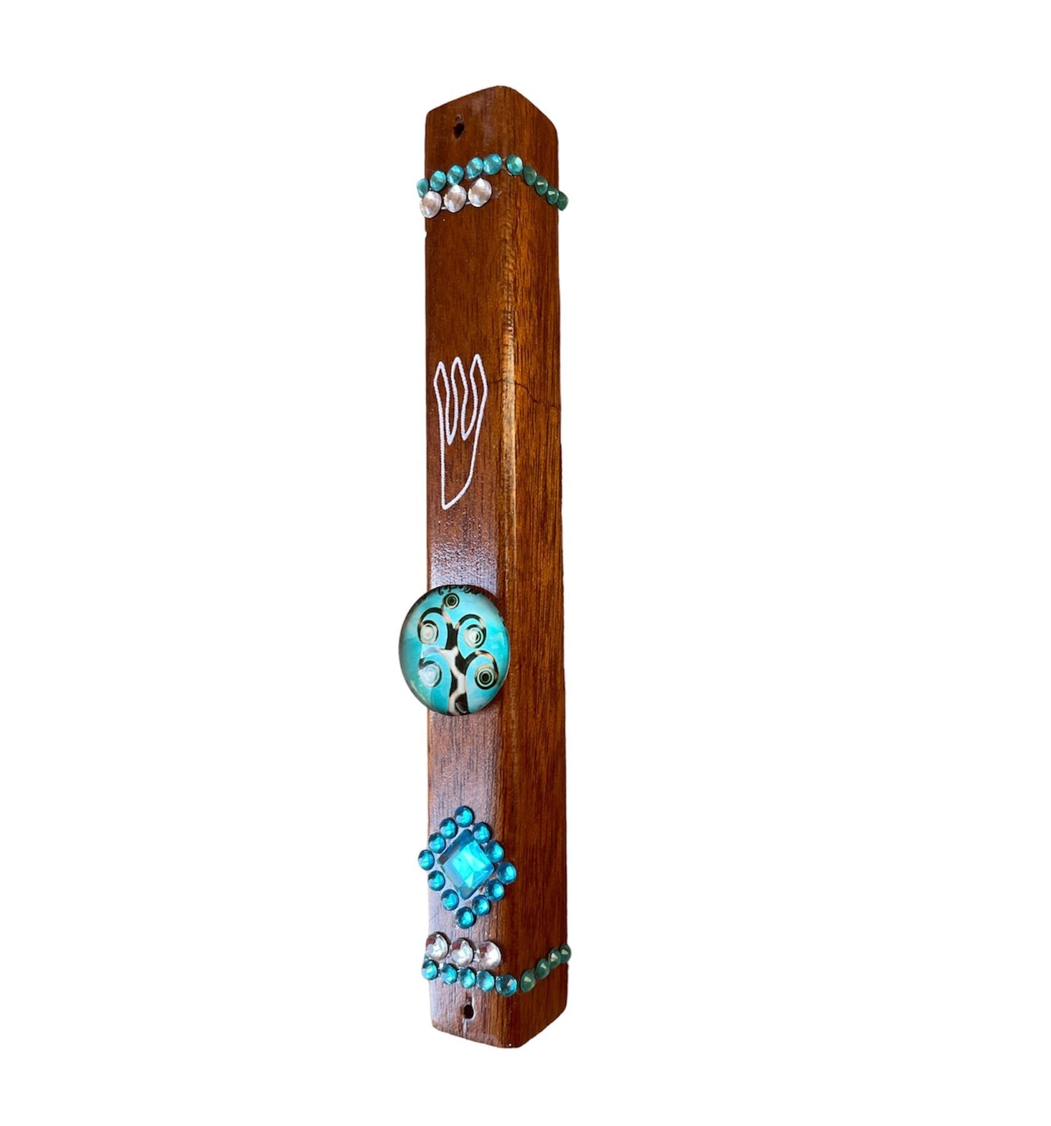 Tree of Life mezuzah case — hardwood with glass image and rhinestones | Judaica Square Lakewood (view 3)