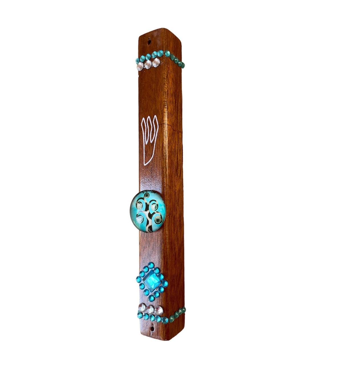 Tree of Life mezuzah case — hardwood with glass image and rhinestones | Judaica Square Lakewood (view 3)