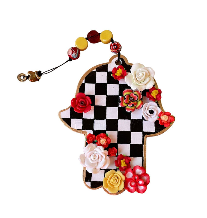 Checkerboard hamsa — wood wall hanging with silicone flowers and beads | Judaica Square Lakewood
