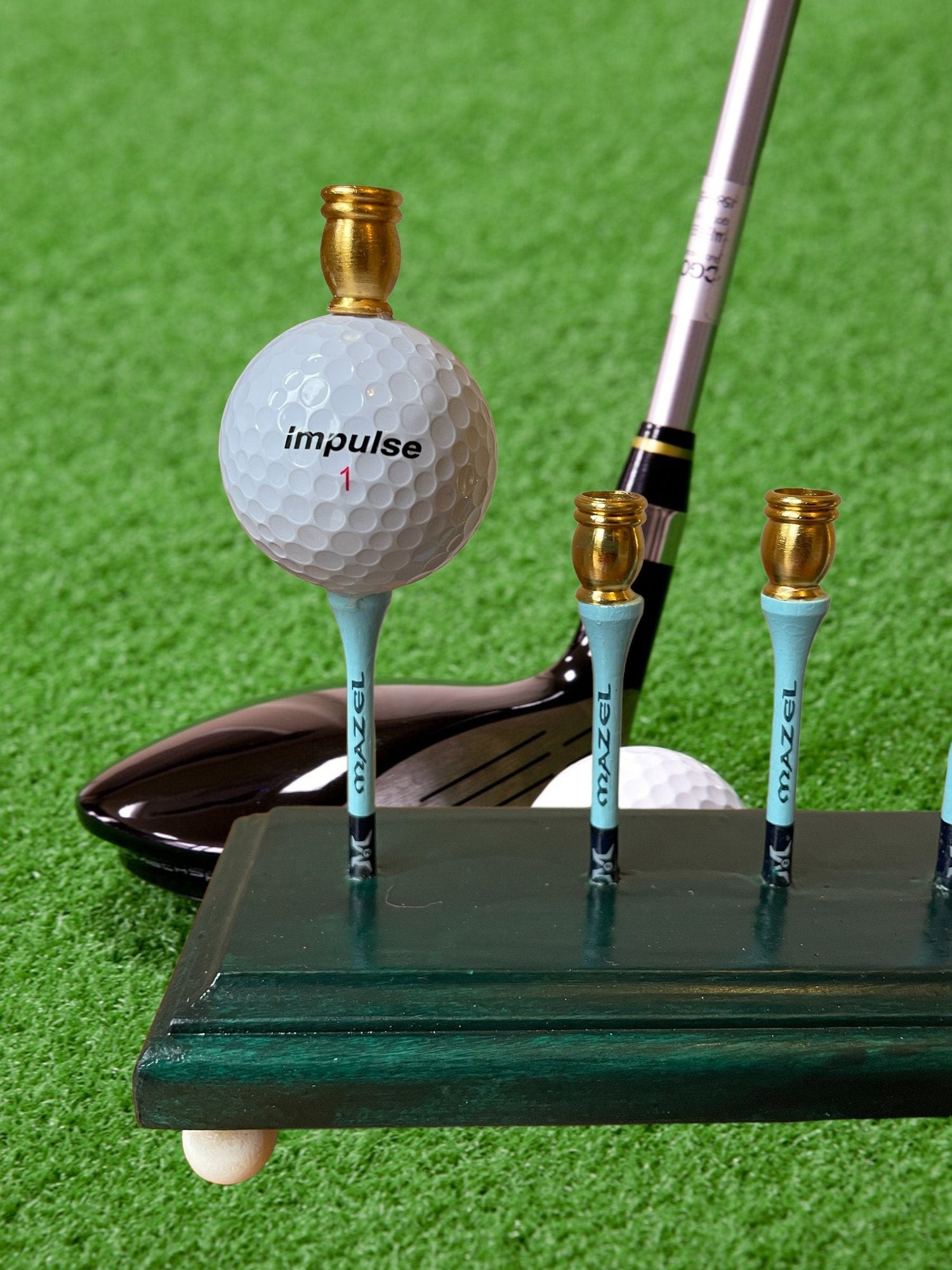 Golf Tee Time Menorah — green base with wooden tees, golf ball and gold cups | Judaica Square Lakewood (view 2)