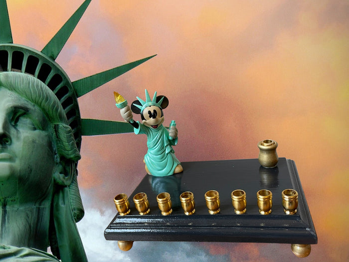 Minnie Mouse Statue of Liberty menorah — light-up torch with gold aluminum cups | Judaica Square Lakewood