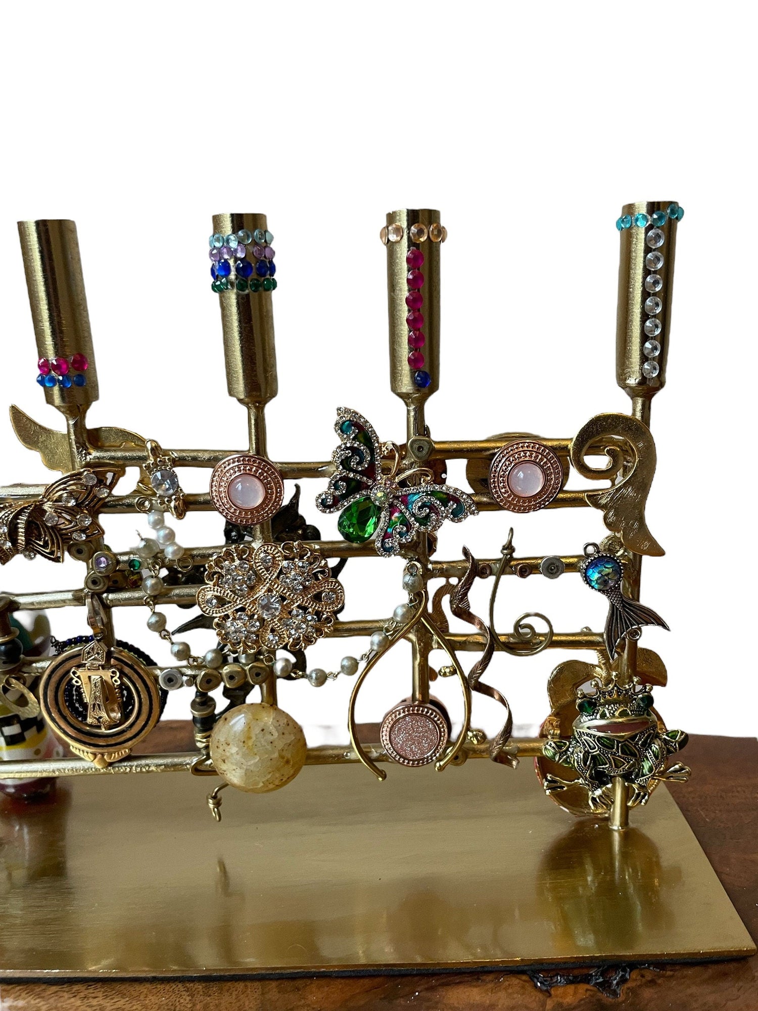 Modern Bling Menorah — brass frame loaded with jeweled animals and flowers | Judaica Square Lakewood (view 4)