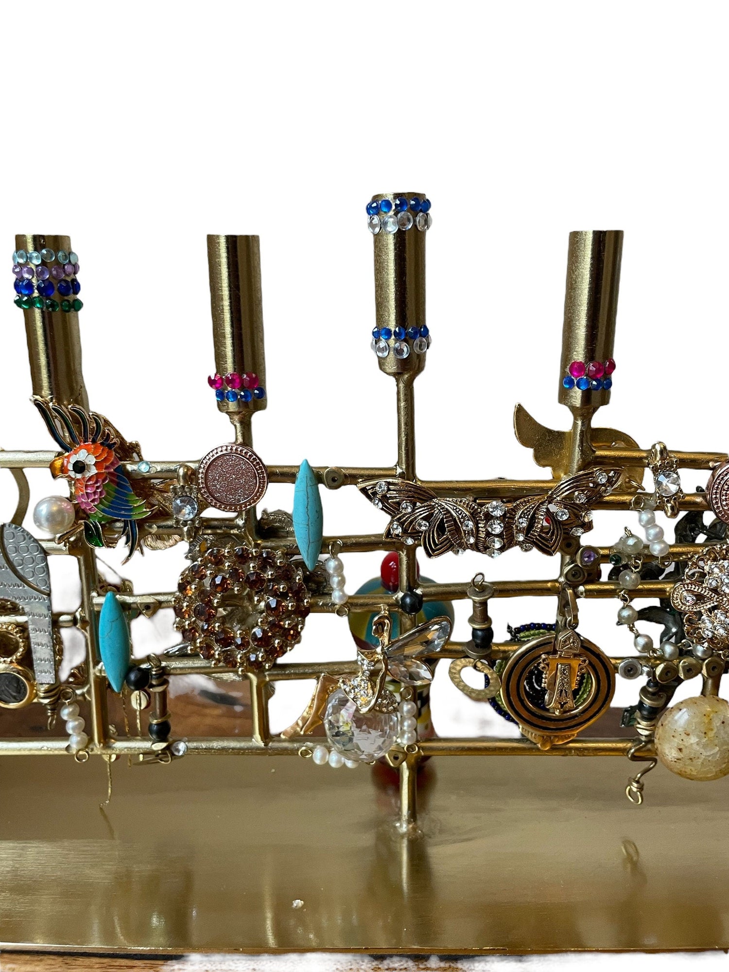 Modern Bling Menorah — brass frame loaded with jeweled animals and flowers | Judaica Square Lakewood (view 5)