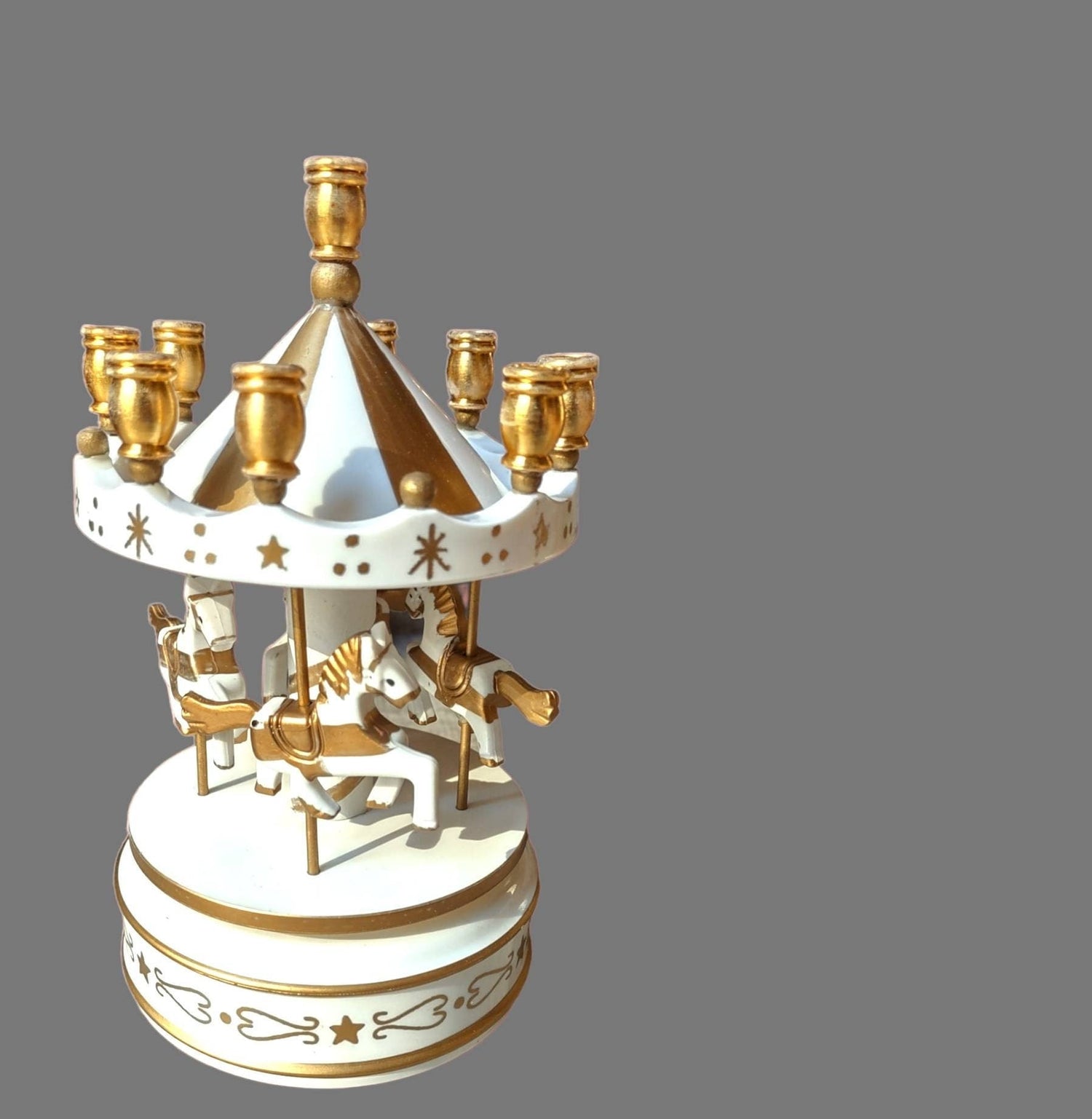 Carousel music box menorah — wind-up carousel with moving horses and gold candle cups | Judaica Square Lakewood (view 3)