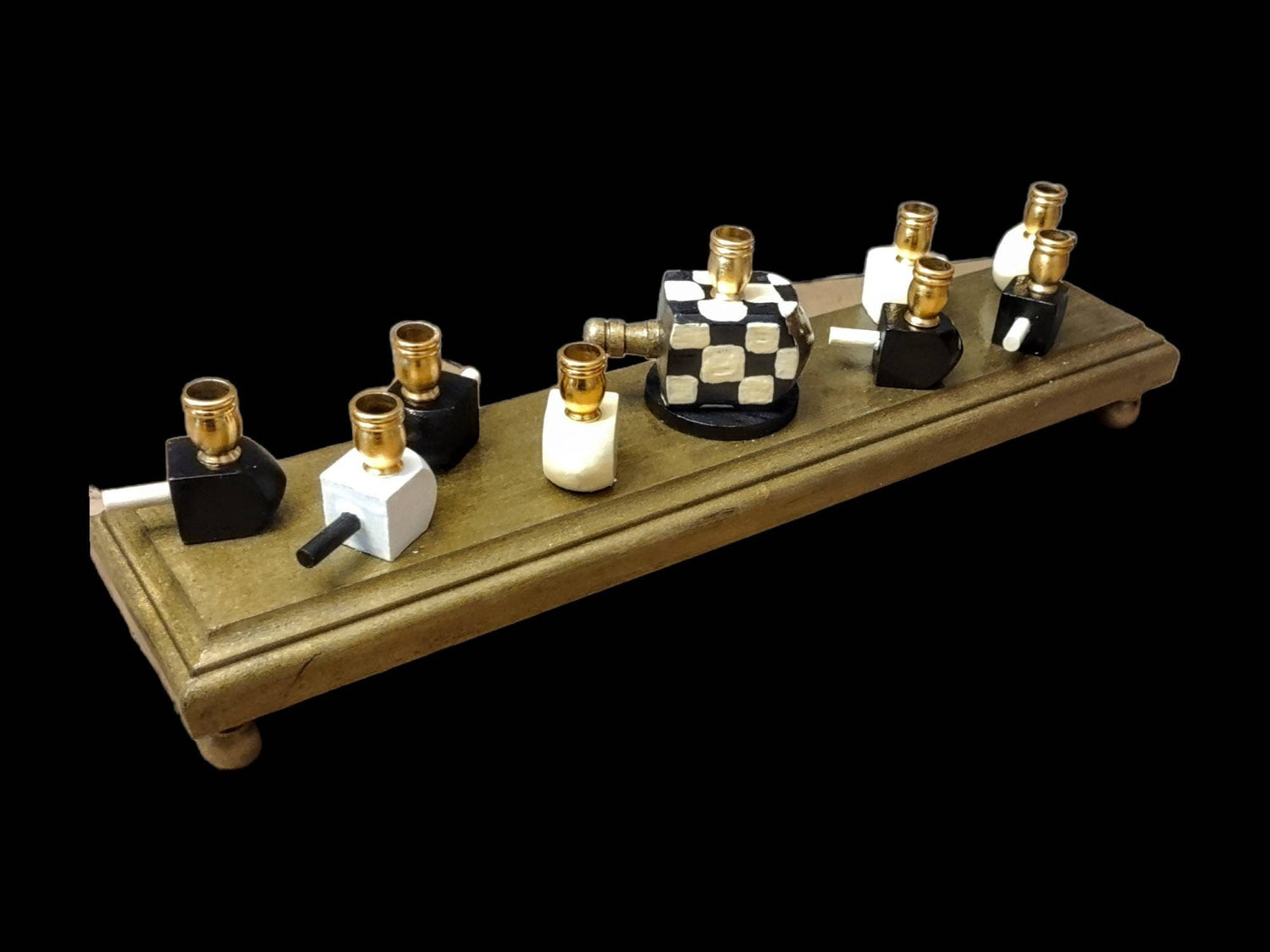 Checkerboard dreidel menorah — black and white checked wood dreidels with gold cups | Judaica Square Lakewood (view 3)
