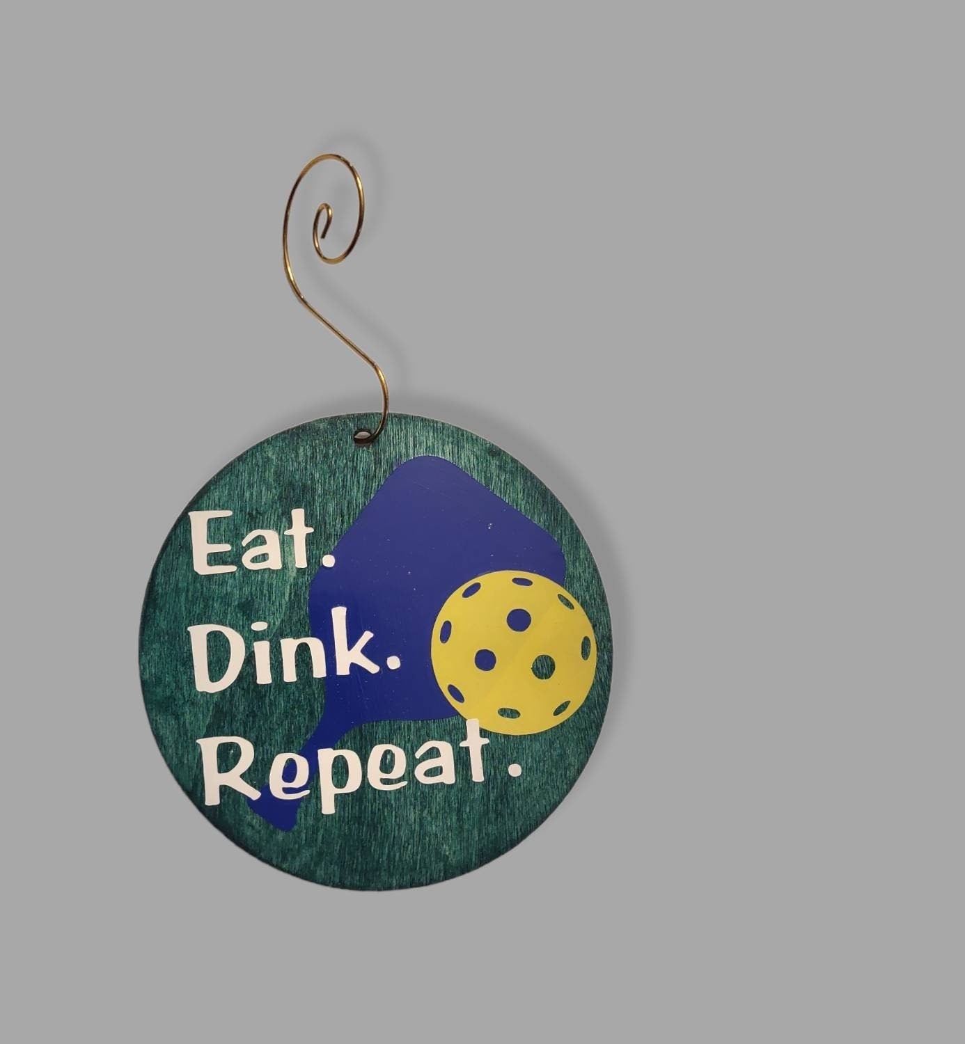 Funny pickleball ornaments — five 2.5-inch stained wood rounds with vinyl slogans | Judaica Square Lakewood (view 4)