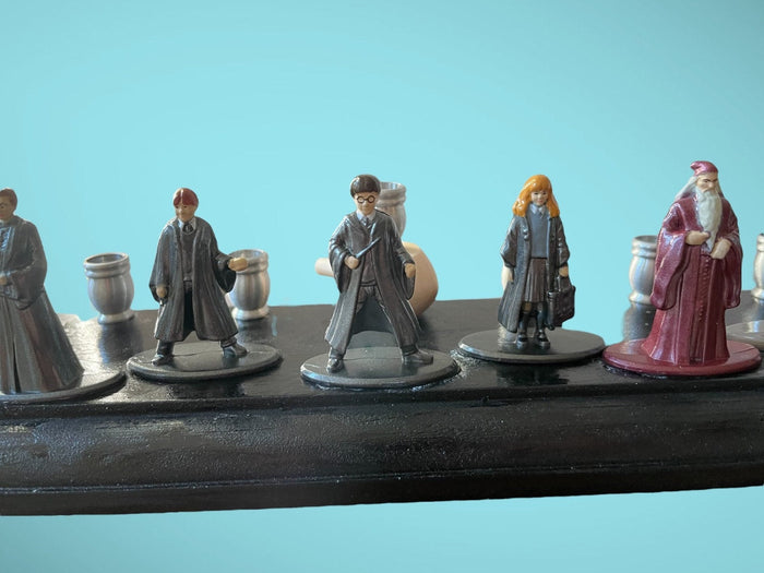 Harry Potter Collector Menorah — nine wizard figures on a long wood plaque | Judaica Square Lakewood