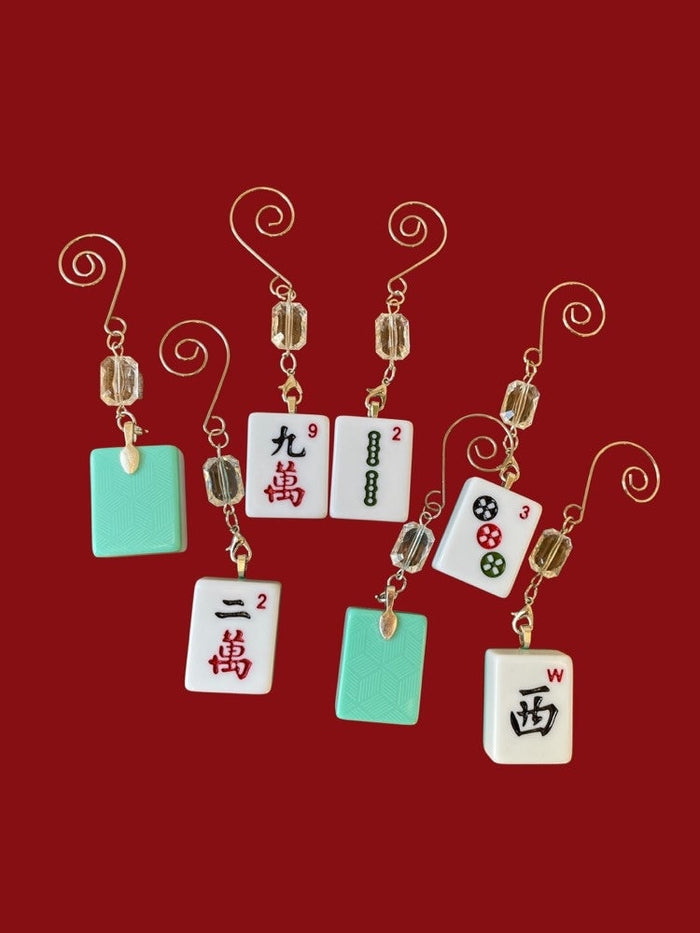Vintage bamboo mahjong tile ornament on a metal hook with beads | Judaica Square Lakewood