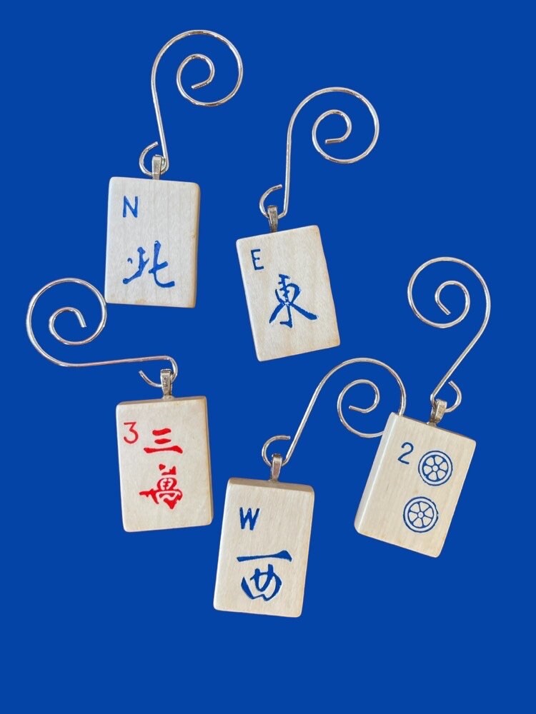 Vintage bamboo mahjong tile ornament on a metal hook with beads | Judaica Square Lakewood (view 5)
