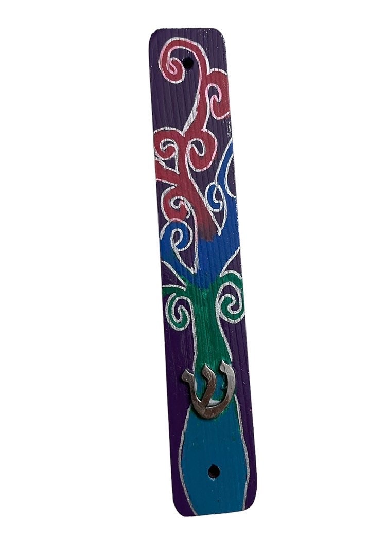 Tree of Life hamsa and mezuzah set — painted wood hamsa reading Chai with case | Judaica Square Lakewood (view 2)