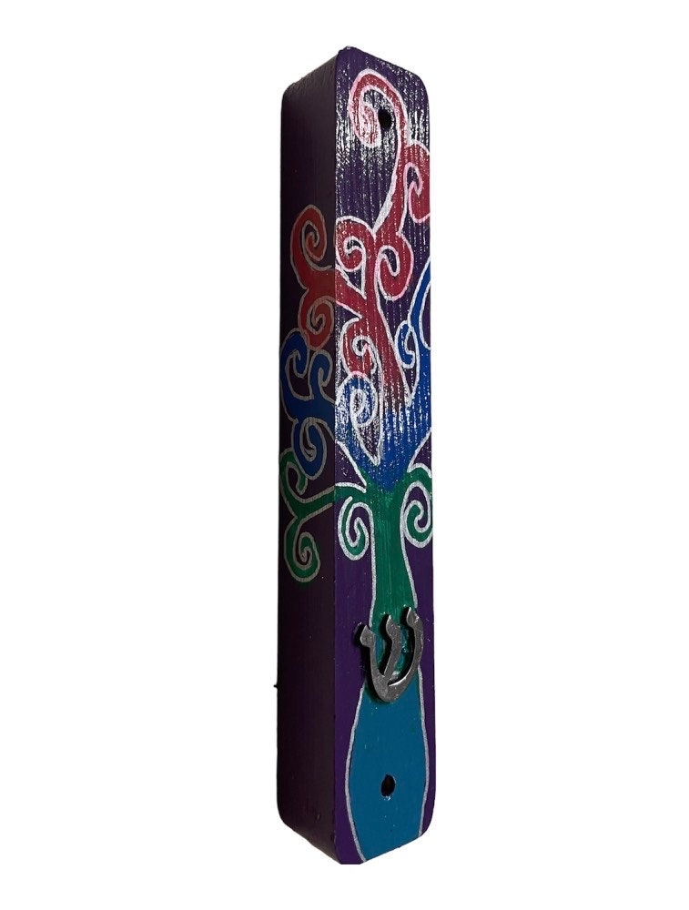 Tree of Life hamsa and mezuzah set — painted wood hamsa reading Chai with case | Judaica Square Lakewood (view 4)