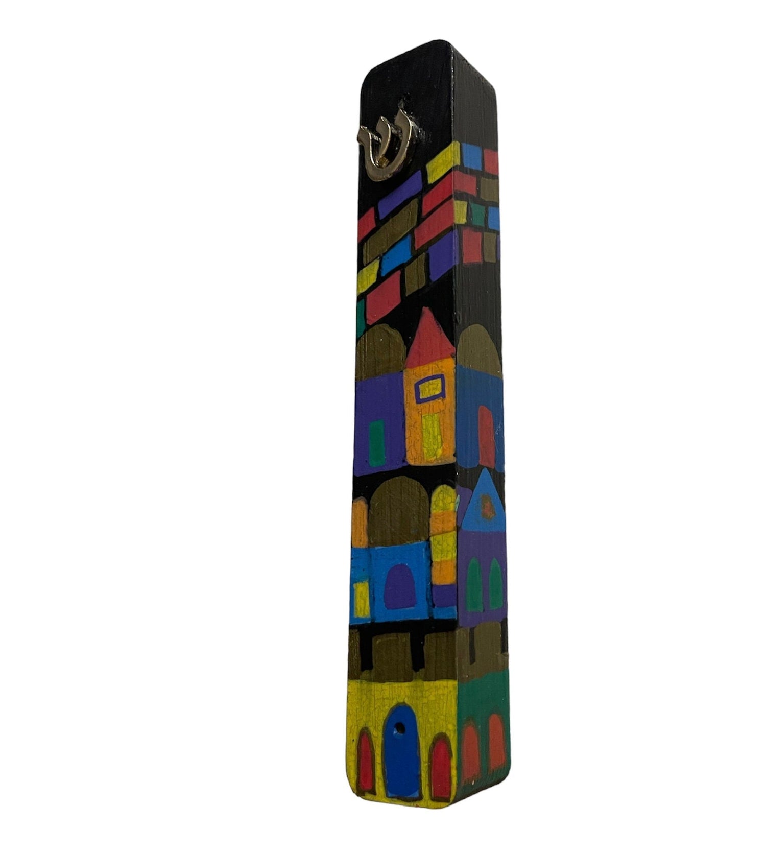 Jerusalem mezuzah case — hand-painted city skyline in gold and jewel tones | Judaica Square Lakewood (view 4)