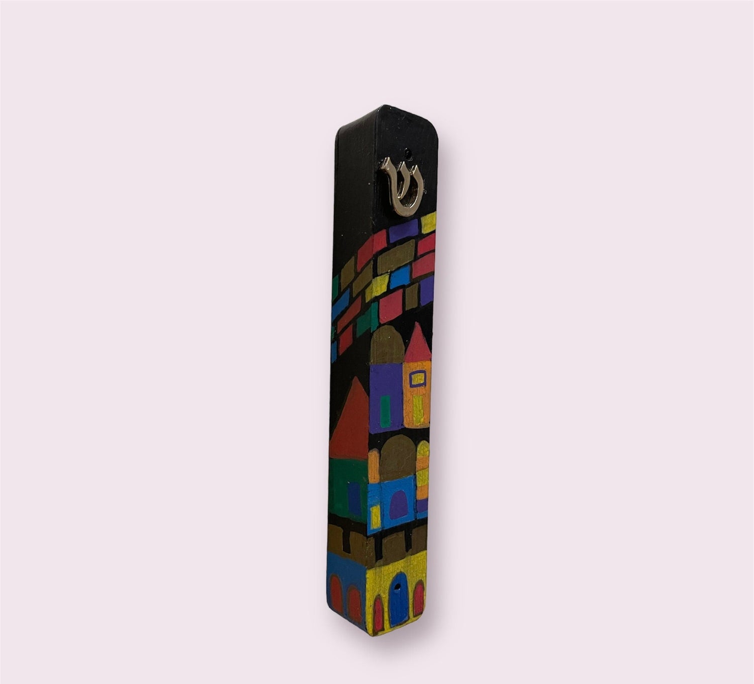 Jerusalem mezuzah case — hand-painted city skyline in gold and jewel tones | Judaica Square Lakewood (view 2)