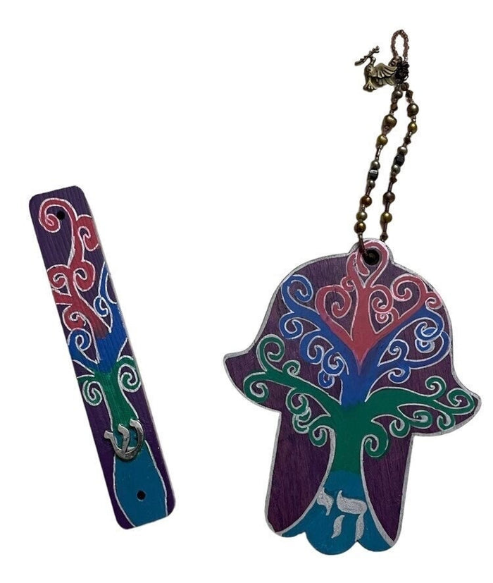 Tree of Life hamsa and mezuzah set — painted wood hamsa reading Chai with case | Judaica Square Lakewood
