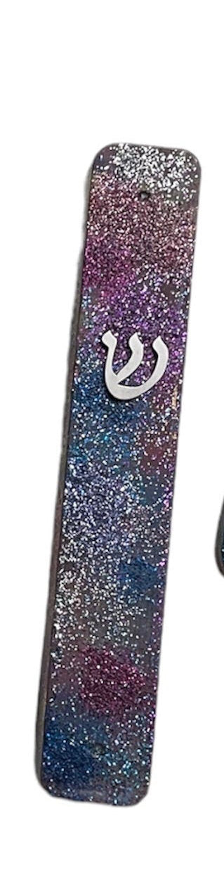Glitter mosaic mezuzah case — wooden case tiled in sparkling glitter mosaic pieces | Judaica Square Lakewood (view 2)