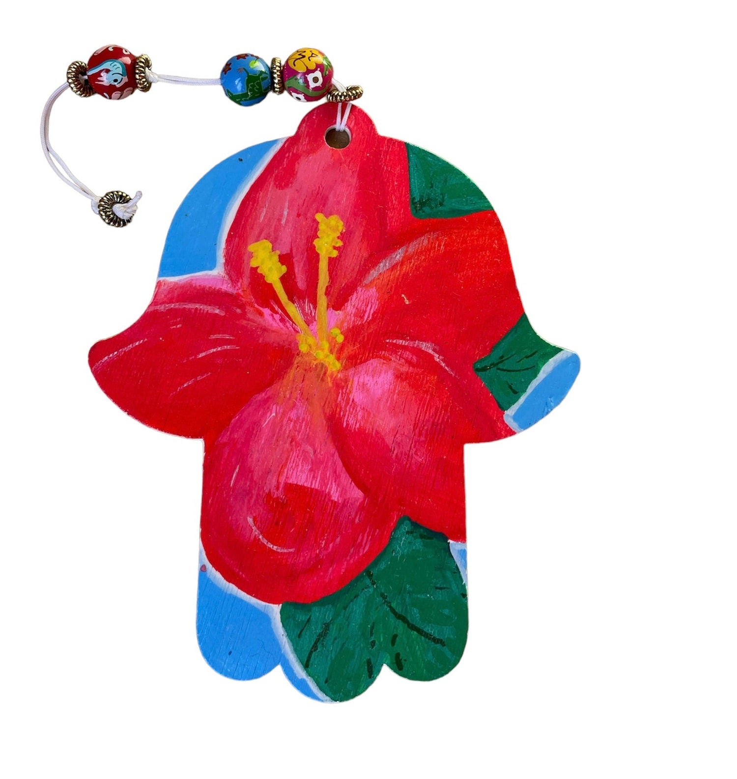 Hibiscus hamsa — painted wood hand on cotton string with wooden beads | Judaica Square Lakewood (view 5)