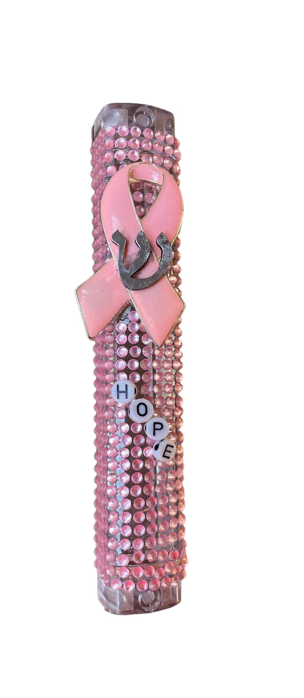 Pink ribbon mezuzah case — acrylic with pink rhinestones, beads and enamel awareness pin | Judaica Square Lakewood (view 2)