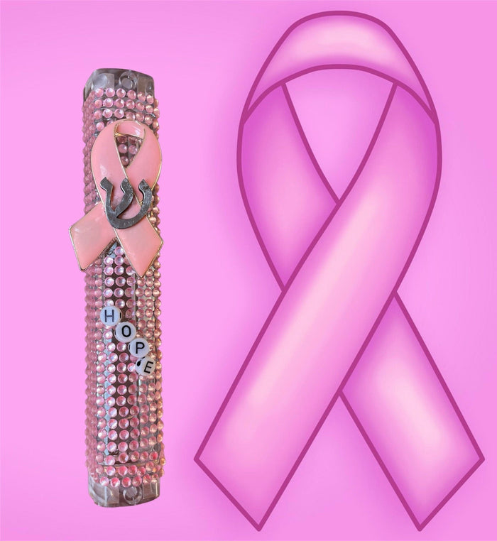 Pink ribbon mezuzah case — acrylic with pink rhinestones, beads and enamel awareness pin | Judaica Square Lakewood