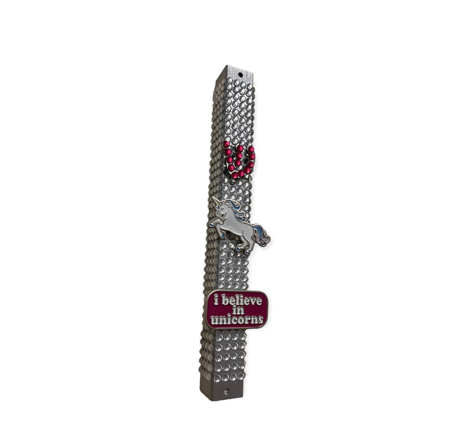 I Believe in Unicorns mezuzah case — silver case encrusted with rhinestones and beads | Judaica Square Lakewood (view 3)