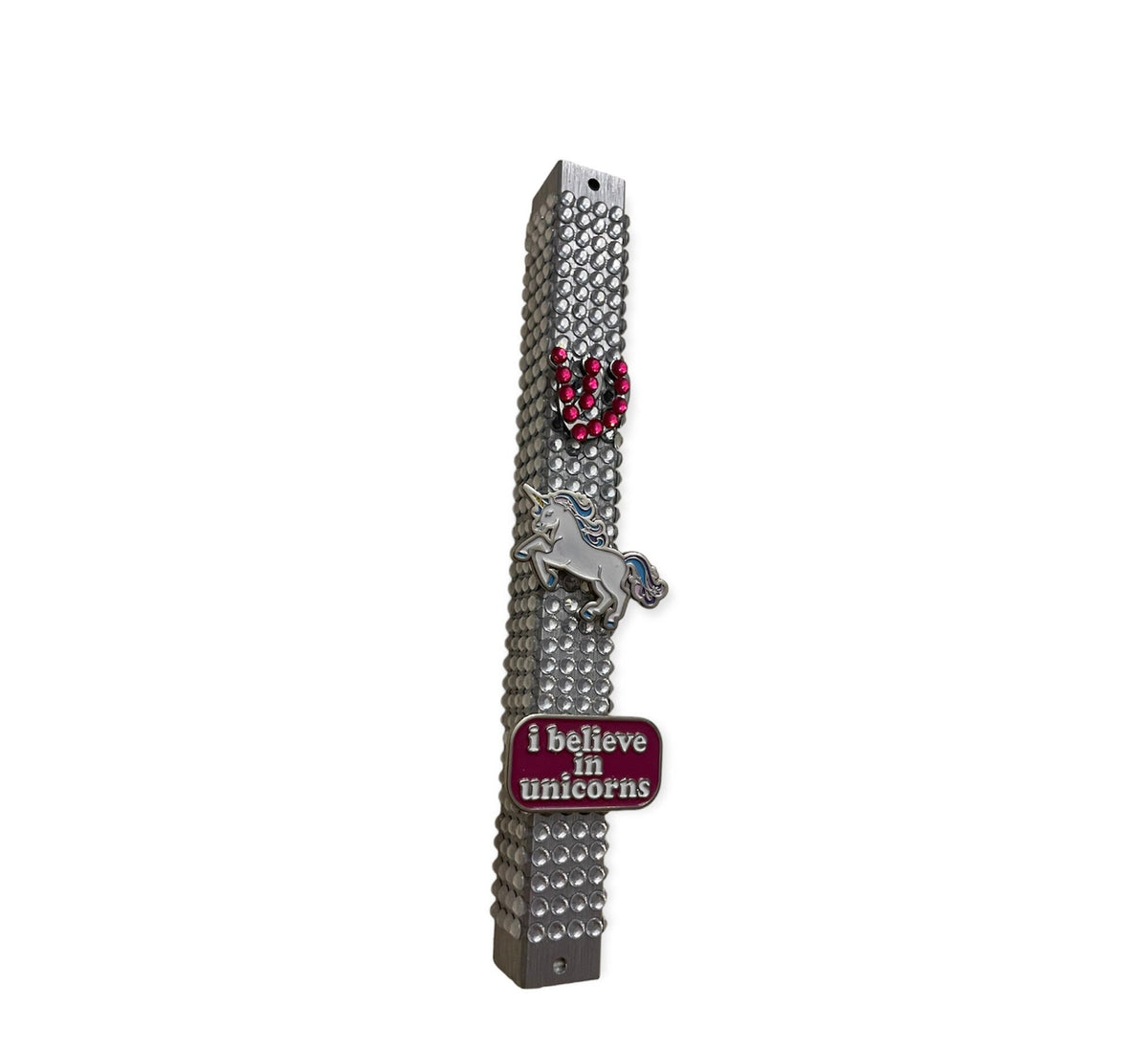 I Believe in Unicorns mezuzah case — silver case encrusted with rhinestones and beads | Judaica Square Lakewood (view 3)