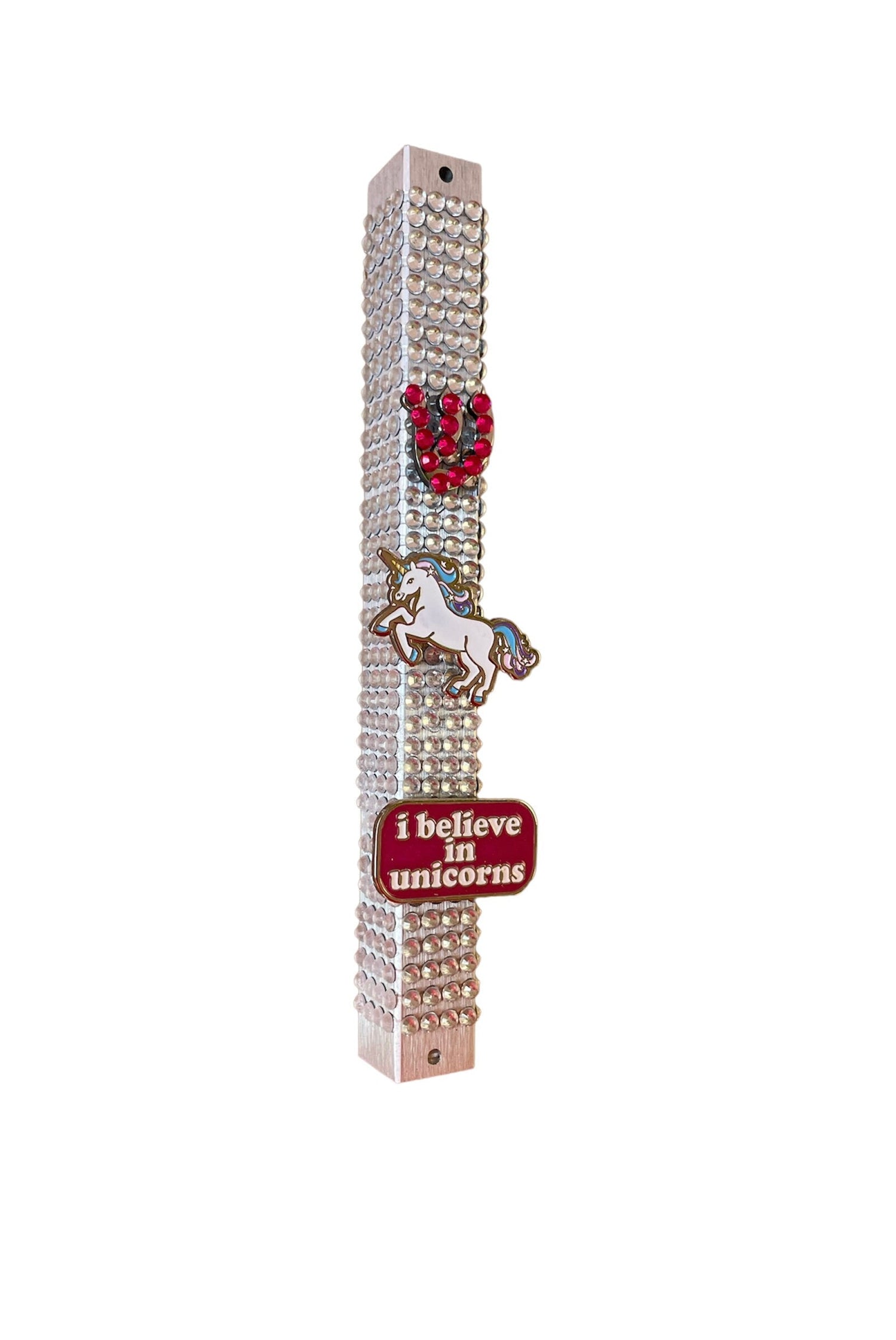 I Believe in Unicorns mezuzah case — silver case encrusted with rhinestones and beads | Judaica Square Lakewood (view 2)
