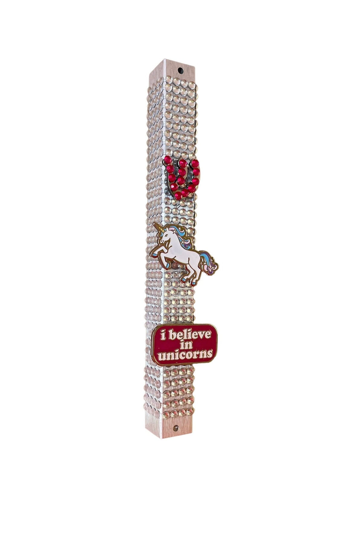 I Believe in Unicorns mezuzah case — silver case encrusted with rhinestones and beads | Judaica Square Lakewood (view 2)