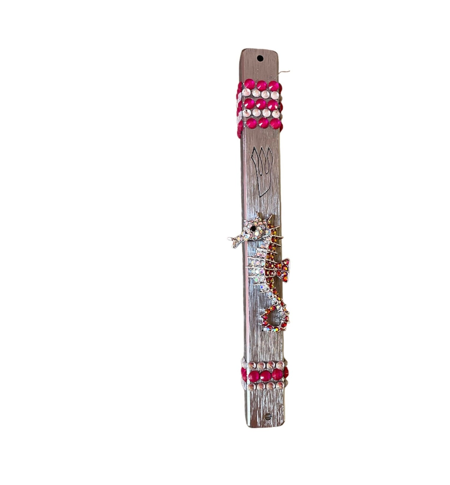 Ocean beach mezuzah case — silver acrylic with sea-themed jewelry, beads and rhinestones | Judaica Square Lakewood (view 2)