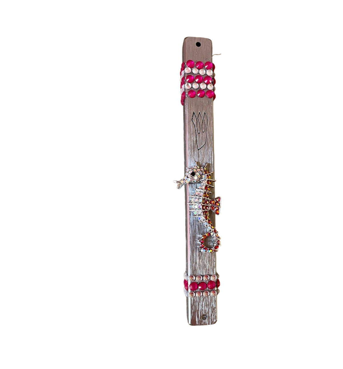 Ocean beach mezuzah case — silver acrylic with sea-themed jewelry, beads and rhinestones | Judaica Square Lakewood (view 2)