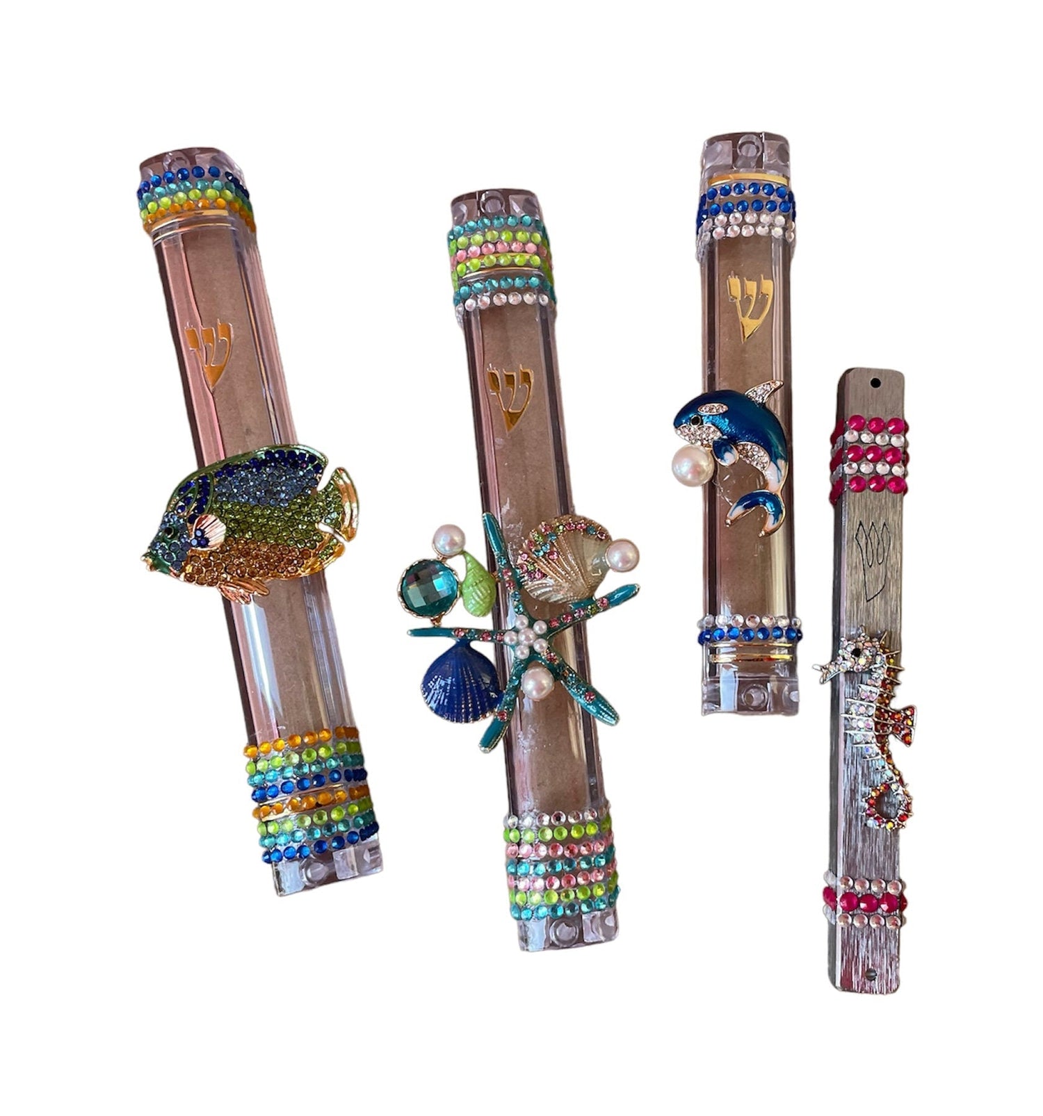 Ocean beach mezuzah case — silver acrylic with sea-themed jewelry, beads and rhinestones | Judaica Square Lakewood (view 9)