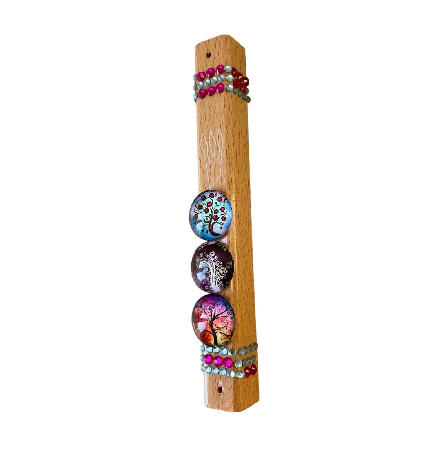 Tree of Life mezuzah case — hardwood with glass image and rhinestones | Judaica Square Lakewood (view 4)
