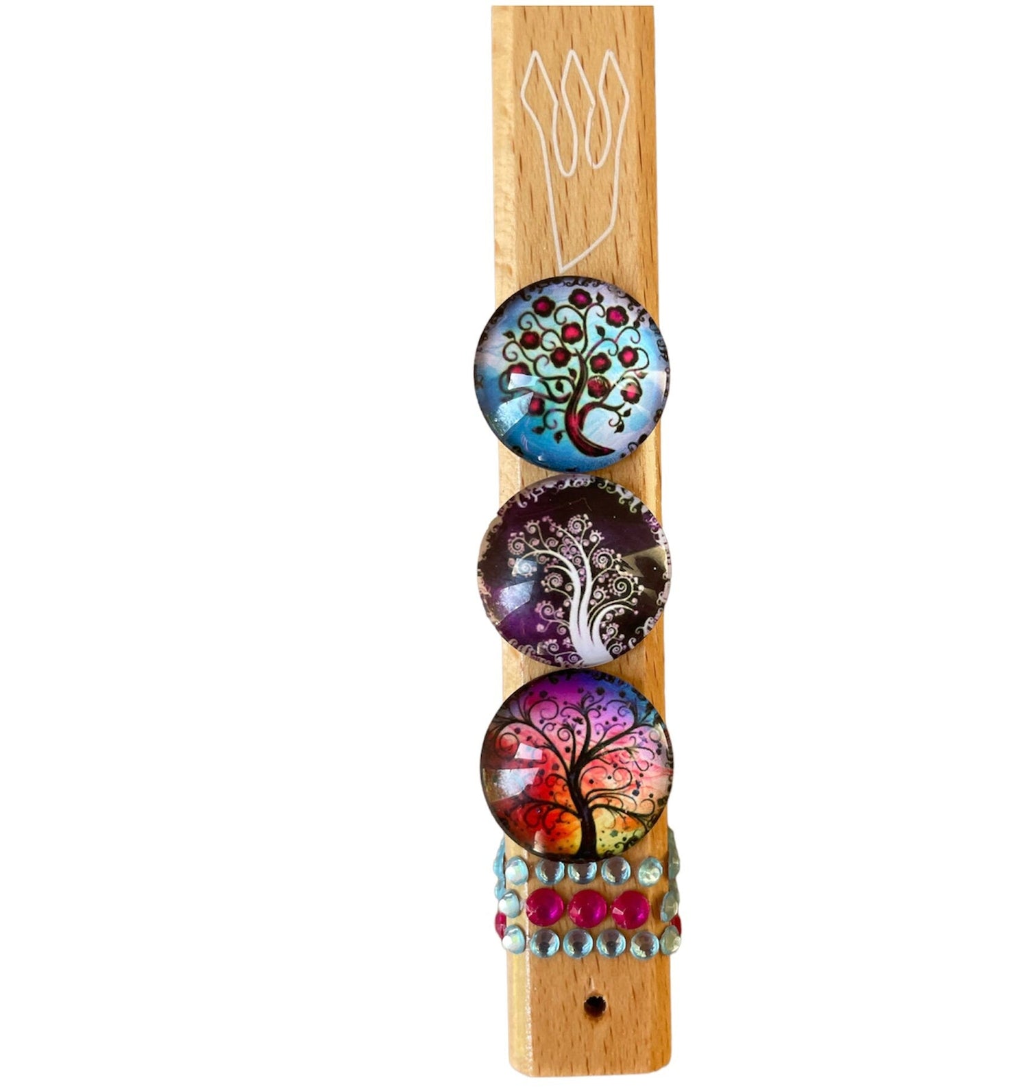 Tree of Life mezuzah case — hardwood with glass image and rhinestones | Judaica Square Lakewood (view 5)