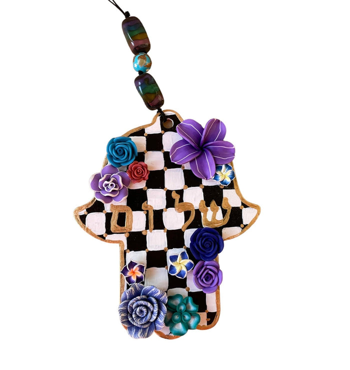 Shalom hamsa — purple and blue checkered wood hanging with flowers | Judaica Square Lakewood