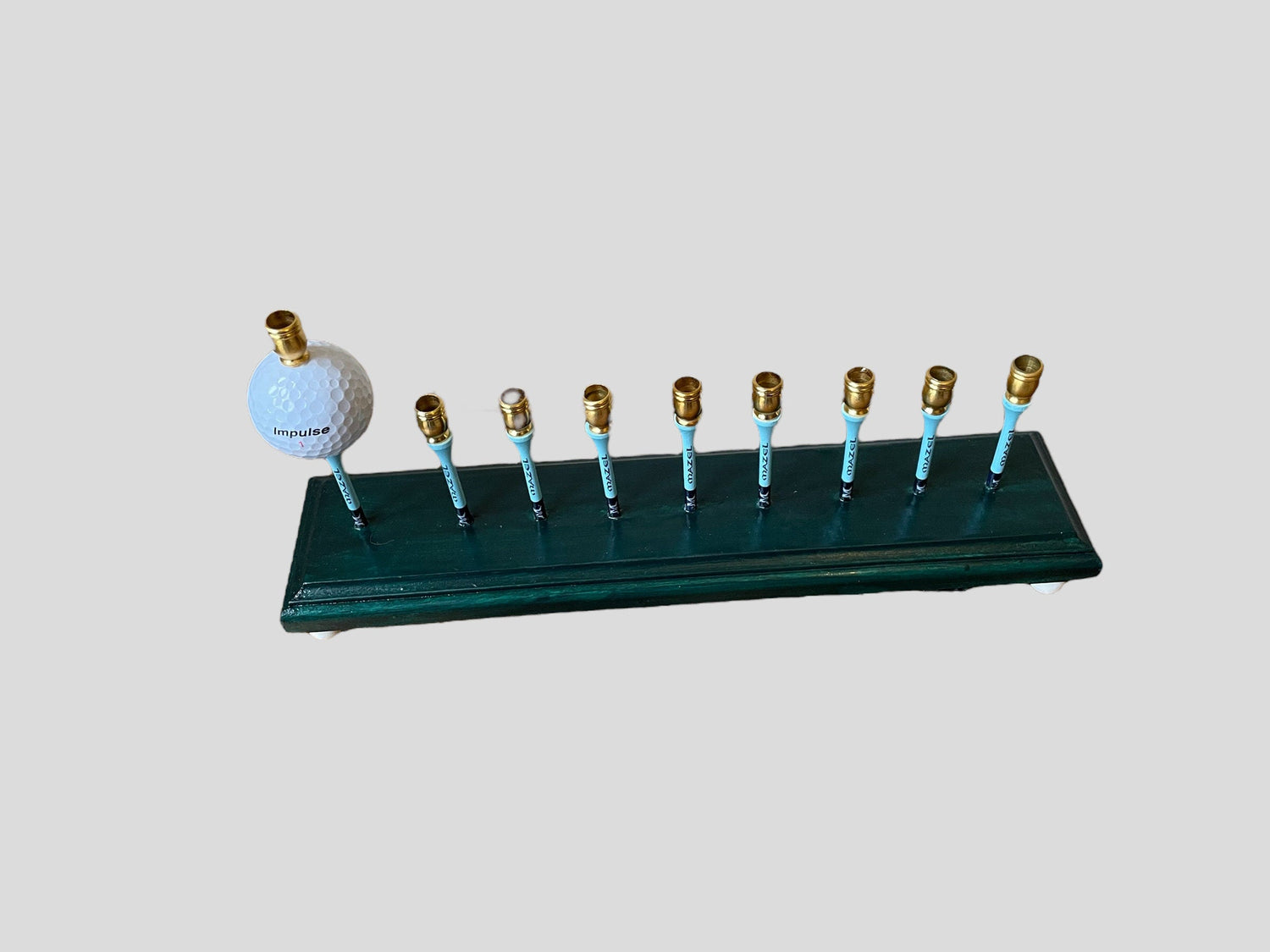 Golf Tee Time Menorah — green base with wooden tees, golf ball and gold cups | Judaica Square Lakewood (view 4)