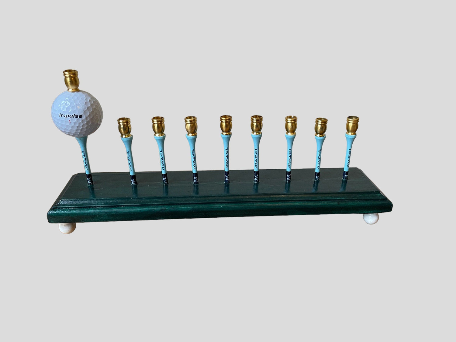 Golf Tee Time Menorah — green base with wooden tees, golf ball and gold cups | Judaica Square Lakewood (view 5)