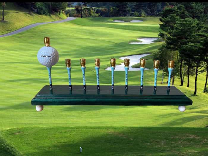 Golf Tee Time Menorah — green base with wooden tees, golf ball and gold cups | Judaica Square Lakewood