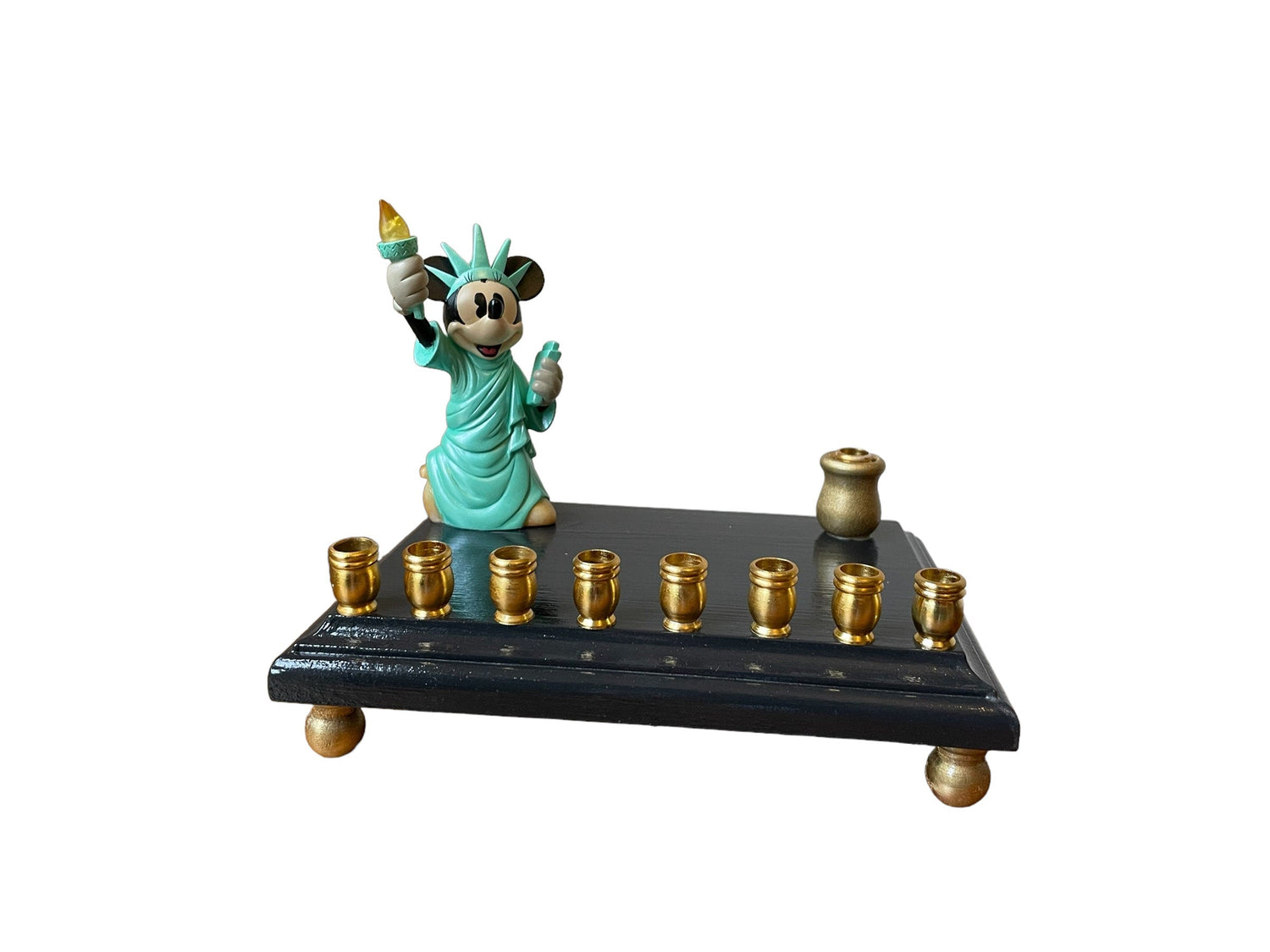 Minnie Mouse Statue of Liberty menorah — light-up torch with gold aluminum cups | Judaica Square Lakewood (view 3)