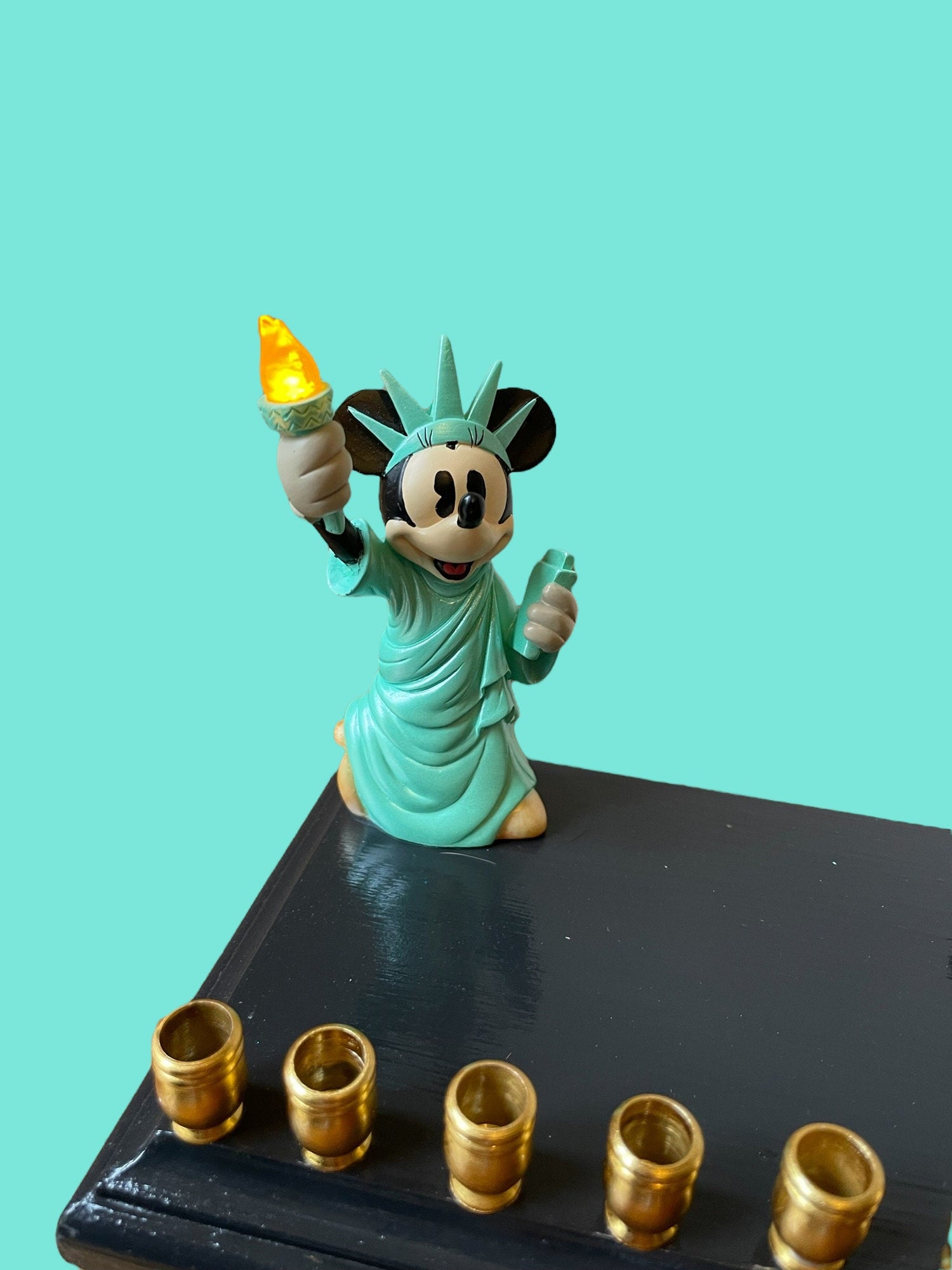 Minnie Mouse Statue of Liberty menorah — light-up torch with gold aluminum cups | Judaica Square Lakewood (view 5)
