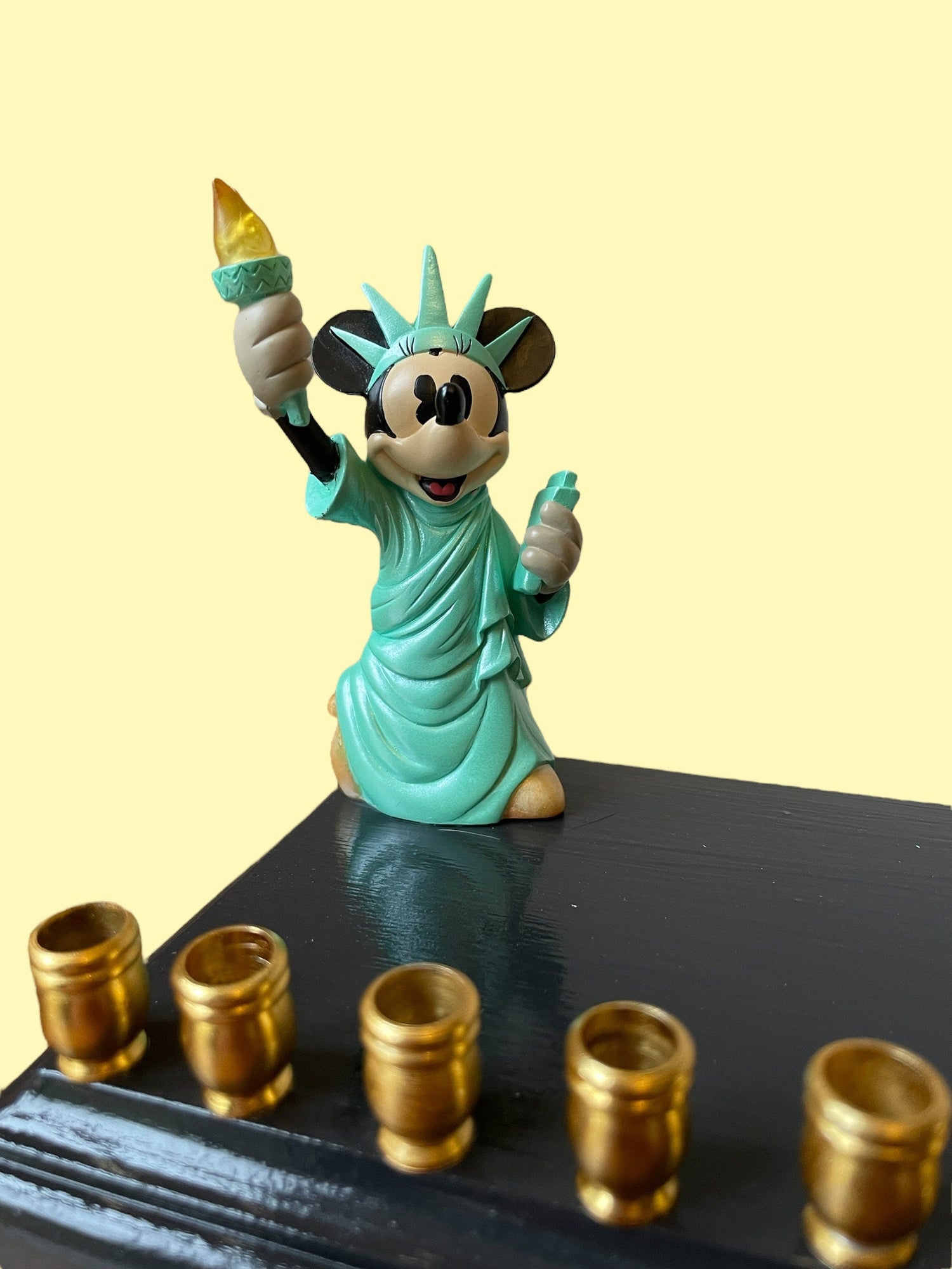 Minnie Mouse Statue of Liberty menorah — light-up torch with gold aluminum cups | Judaica Square Lakewood (view 4)