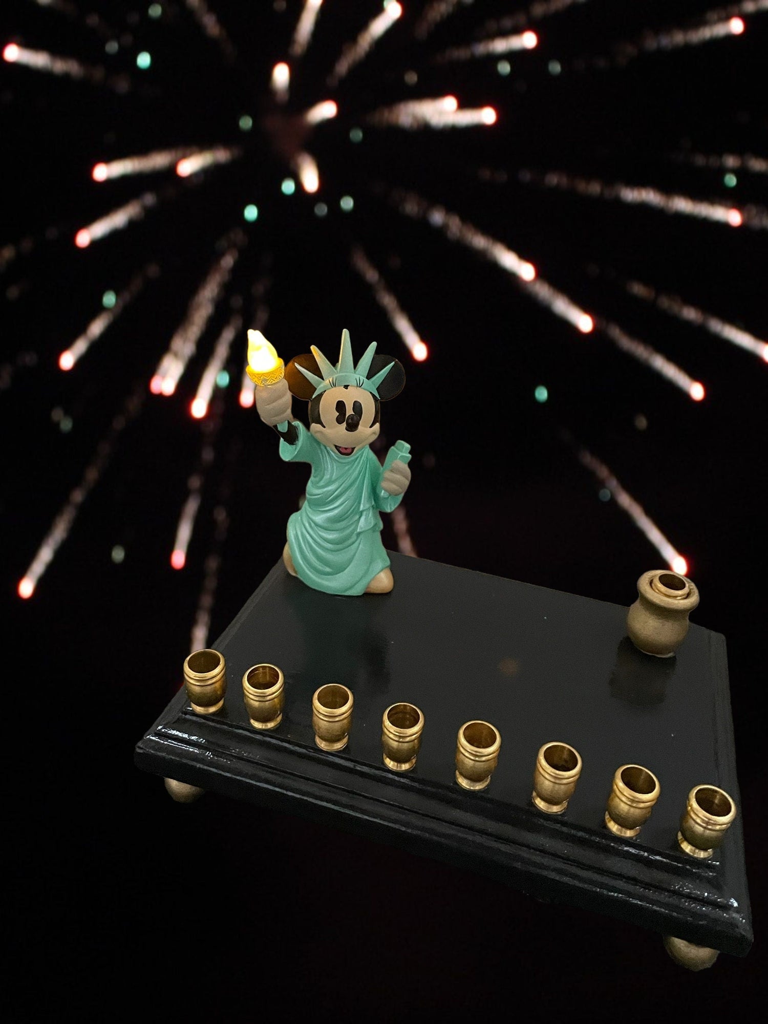 Minnie Mouse Statue of Liberty menorah — light-up torch with gold aluminum cups | Judaica Square Lakewood (view 2)