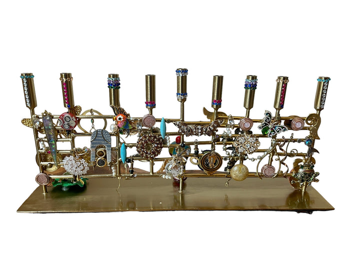 Modern Bling Menorah — brass frame loaded with jeweled animals and flowers | Judaica Square Lakewood