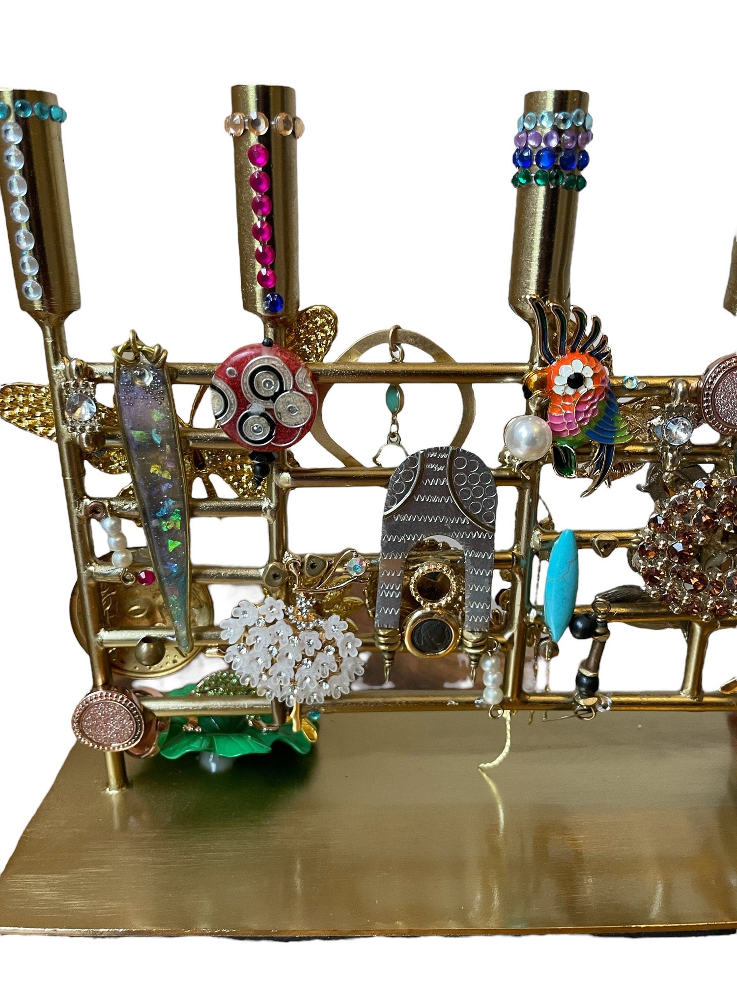 Modern Bling Menorah — brass frame loaded with jeweled animals and flowers | Judaica Square Lakewood (view 3)