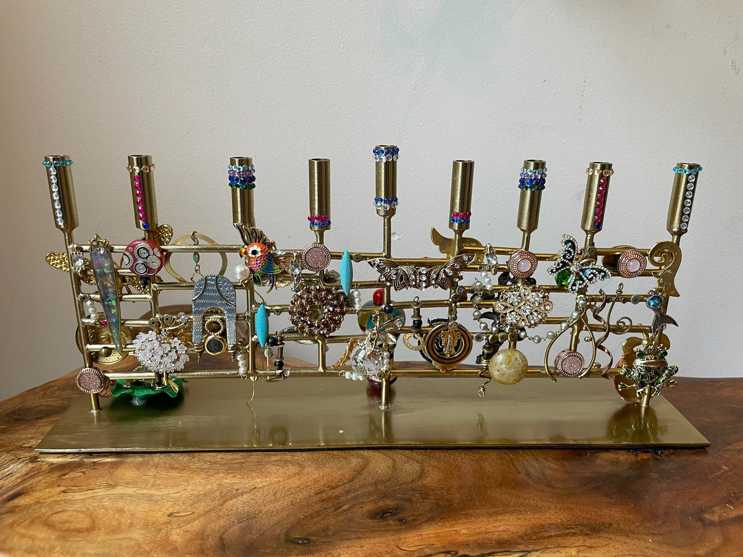 Modern Bling Menorah — brass frame loaded with jeweled animals and flowers | Judaica Square Lakewood (view 2)